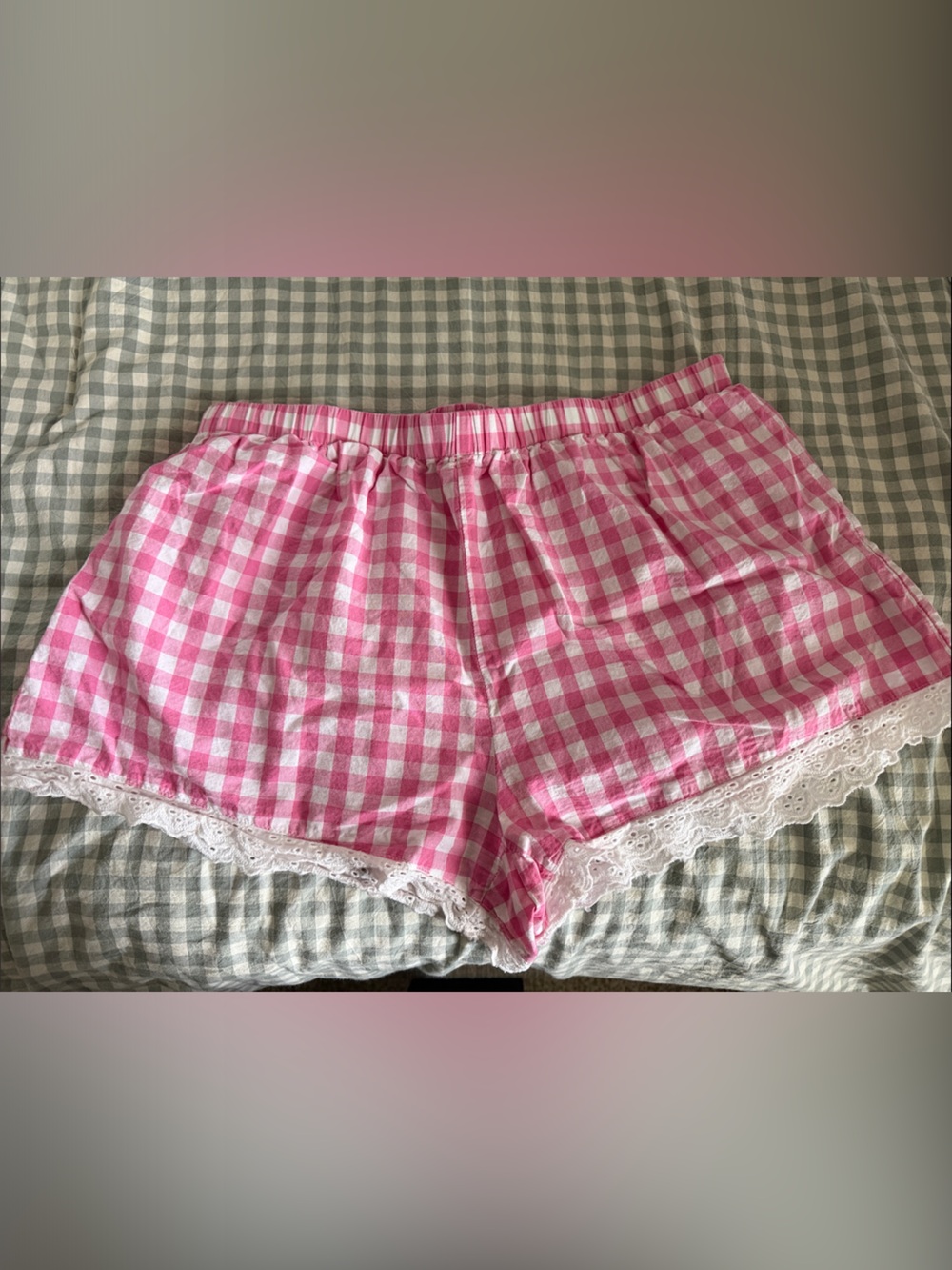 Fashion Nova Pink and White Gingham Lace-Trim Shorts